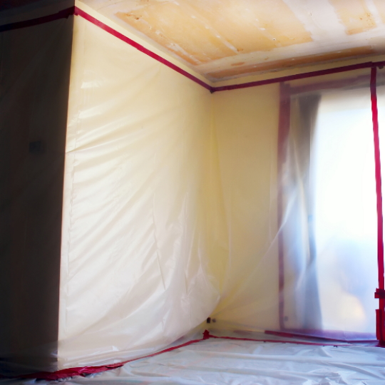 Room covered in plastic sheet after Artex removal.