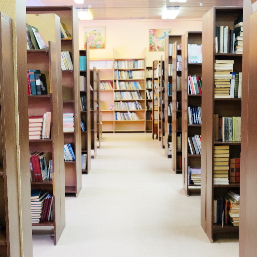 A walkway in a library surrounded by bookcases.