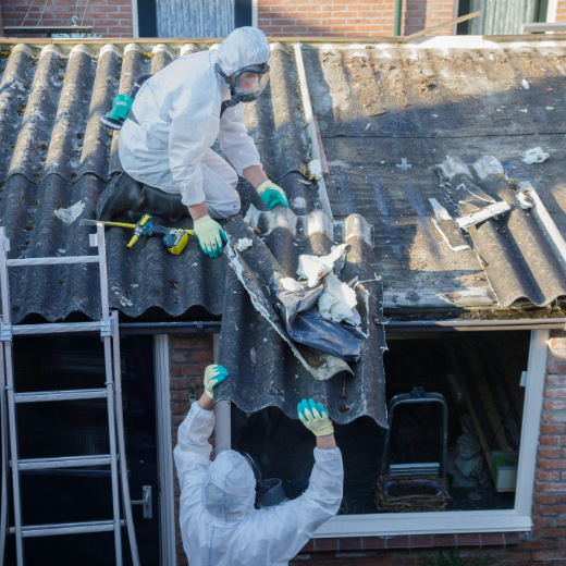 Two workers in PPE removing asbestos safely from a roof