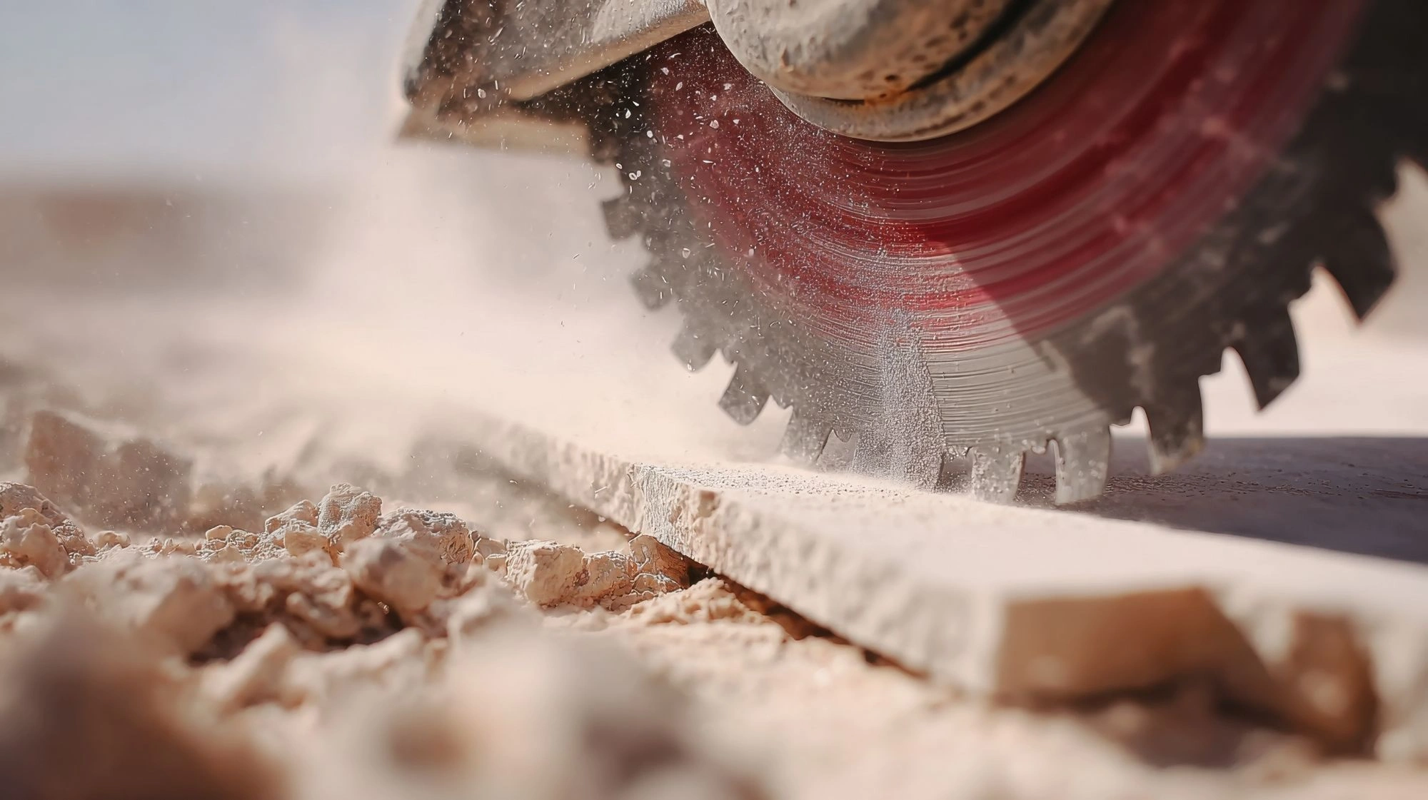 A circular saw cutting into a white material, kicking fibres into the air.