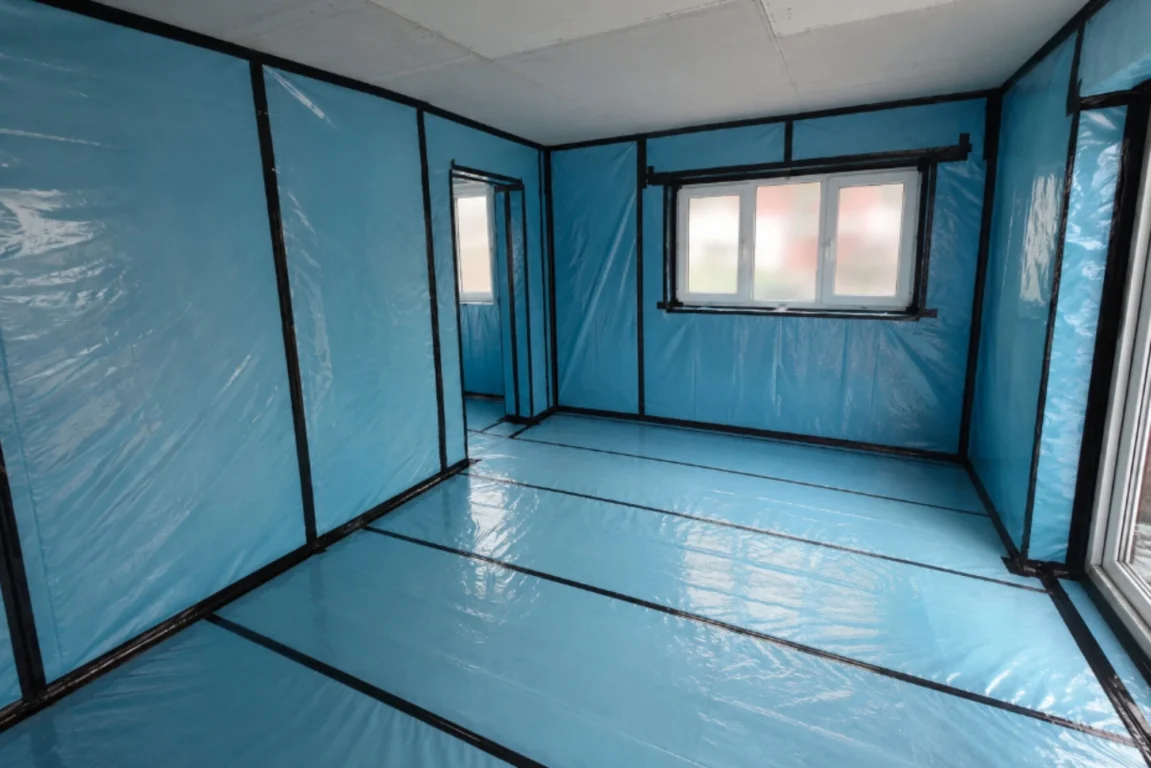 Interior view of a garage space completely sealed with bright blue polythene sheeting in preparation for safe asbestos removal.