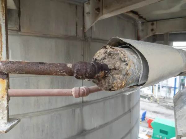 A commercial pipe showing a cross section of lagging.