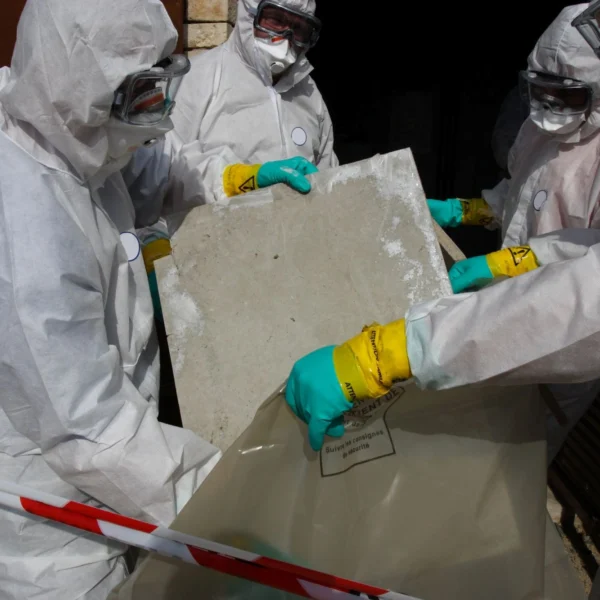 Four workers in full white hazmat suits, goggles, and respirators carefully placing a large, grey slab of material into a heavy-duty plastic disposal bag.