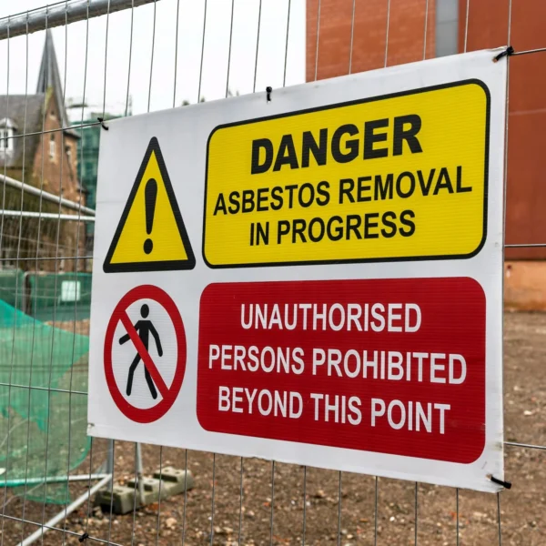 An asbestos warning sign on a metal perimeter fence at a construction site.