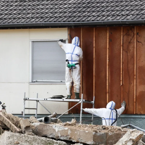 Workers in white protective hazmat suits removing exterior wall panels from a building at a demolition site.