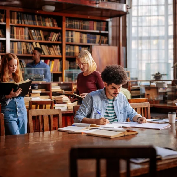 A diverse group of students studying and reading in a classic library with large wooden bookshelves, long study tables, and large windows.