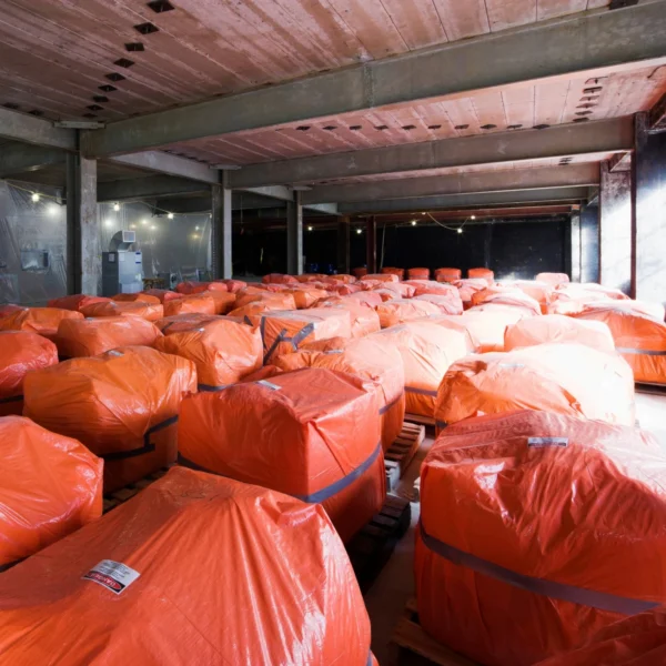 A large collection of red waste bags.