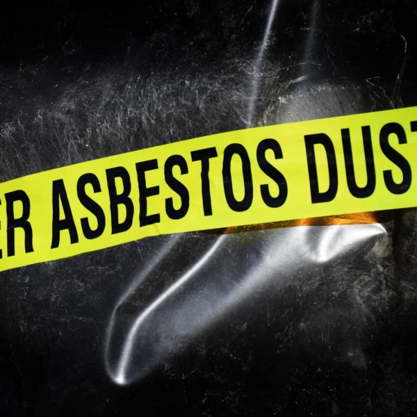 A black bag with a yellow label reading 'Asbestos dust'.
