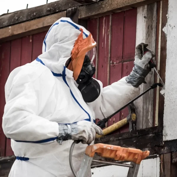 A person wearing protective gear working on the exterior of a building.