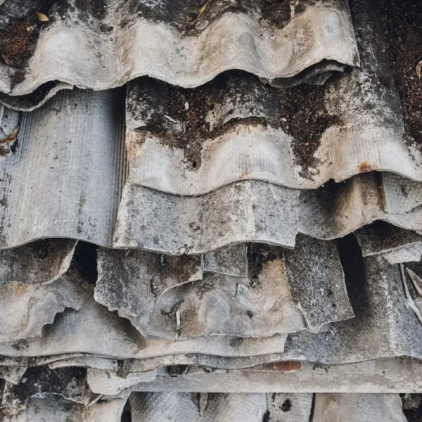 A close-up of old, dirty roof tiles.