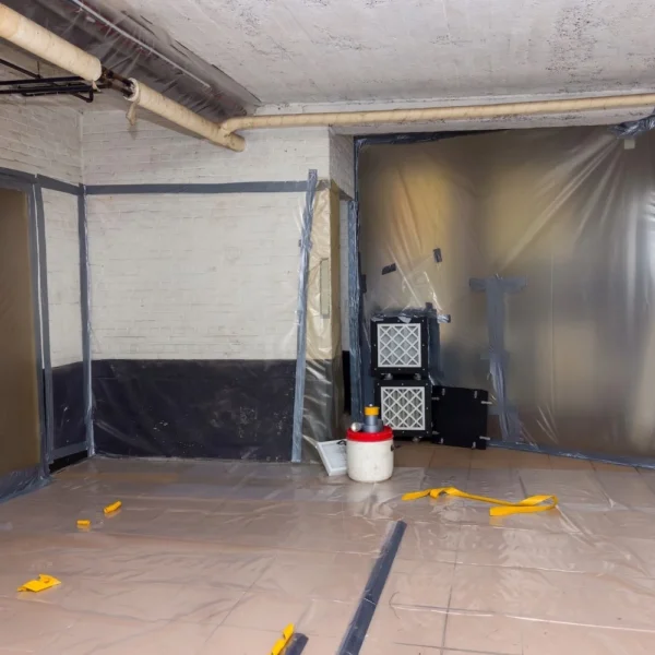 A large empty room with sheets covering walls.