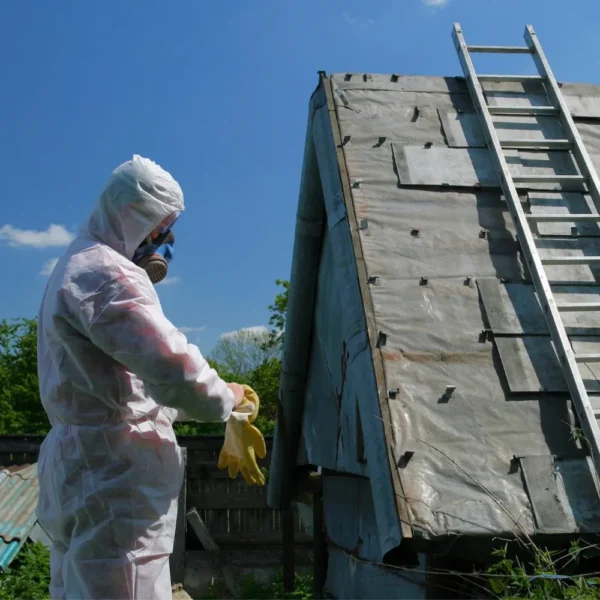 A person in protective gear next to an old roof.