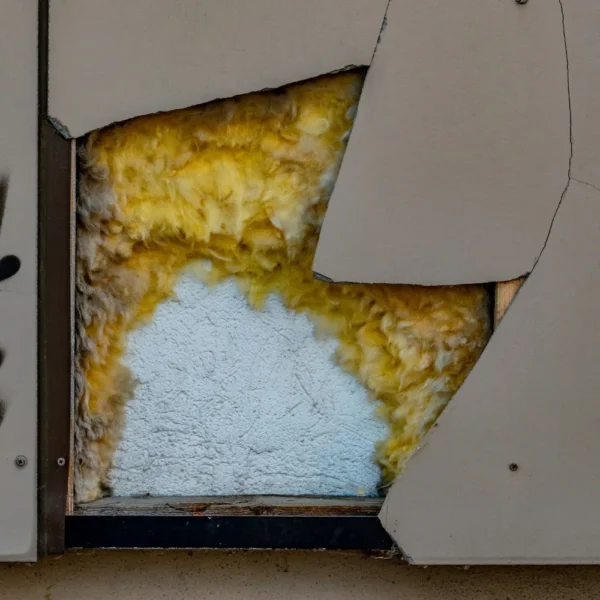 A broken wall tile with asbestos behind it.