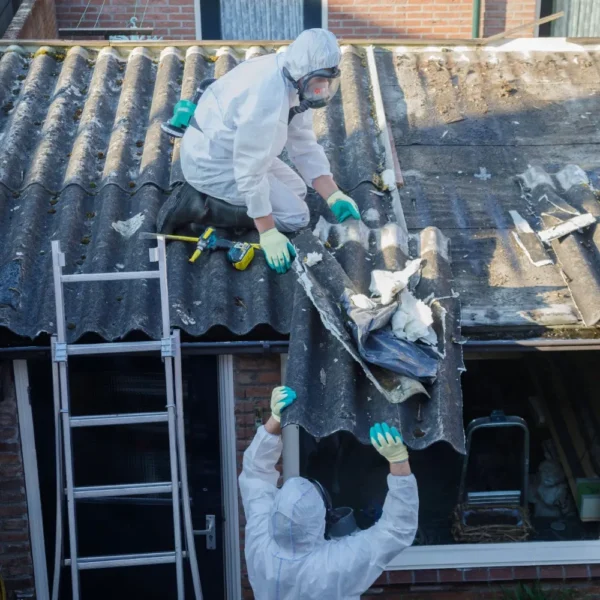 Two people in protective gear on a metal roof.